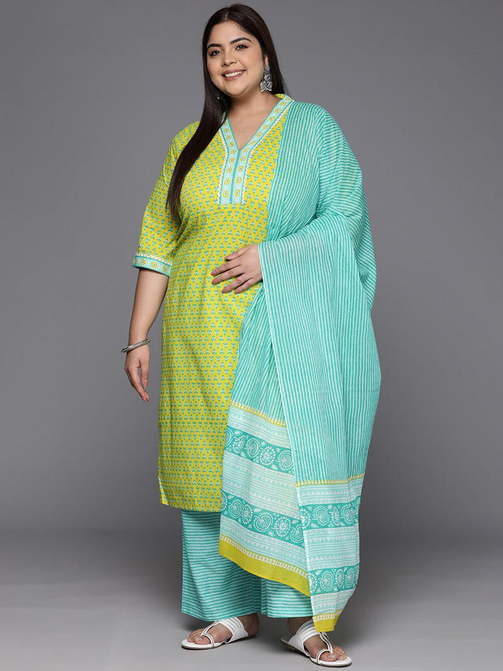 Plus Size Lime Green Printed Cotton Straight Kurta With Trousers & Dupatta - Libas