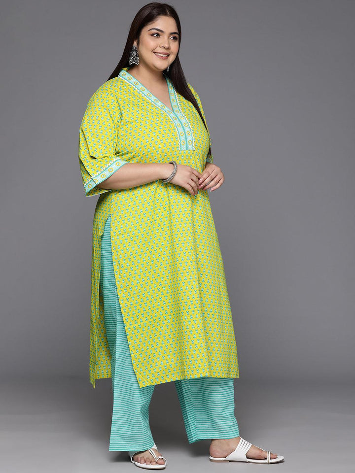 Plus Size Lime Green Printed Cotton Straight Kurta With Trousers & Dupatta - Libas