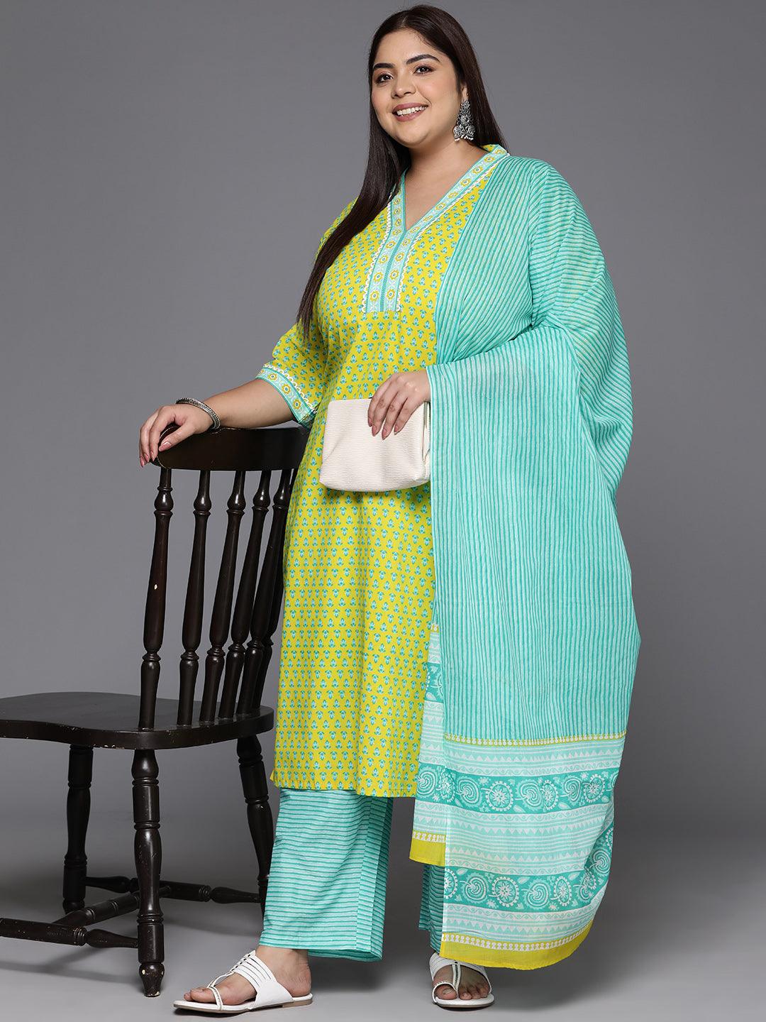 Plus Size Lime Green Printed Cotton Straight Kurta With Trousers & Dupatta - Libas