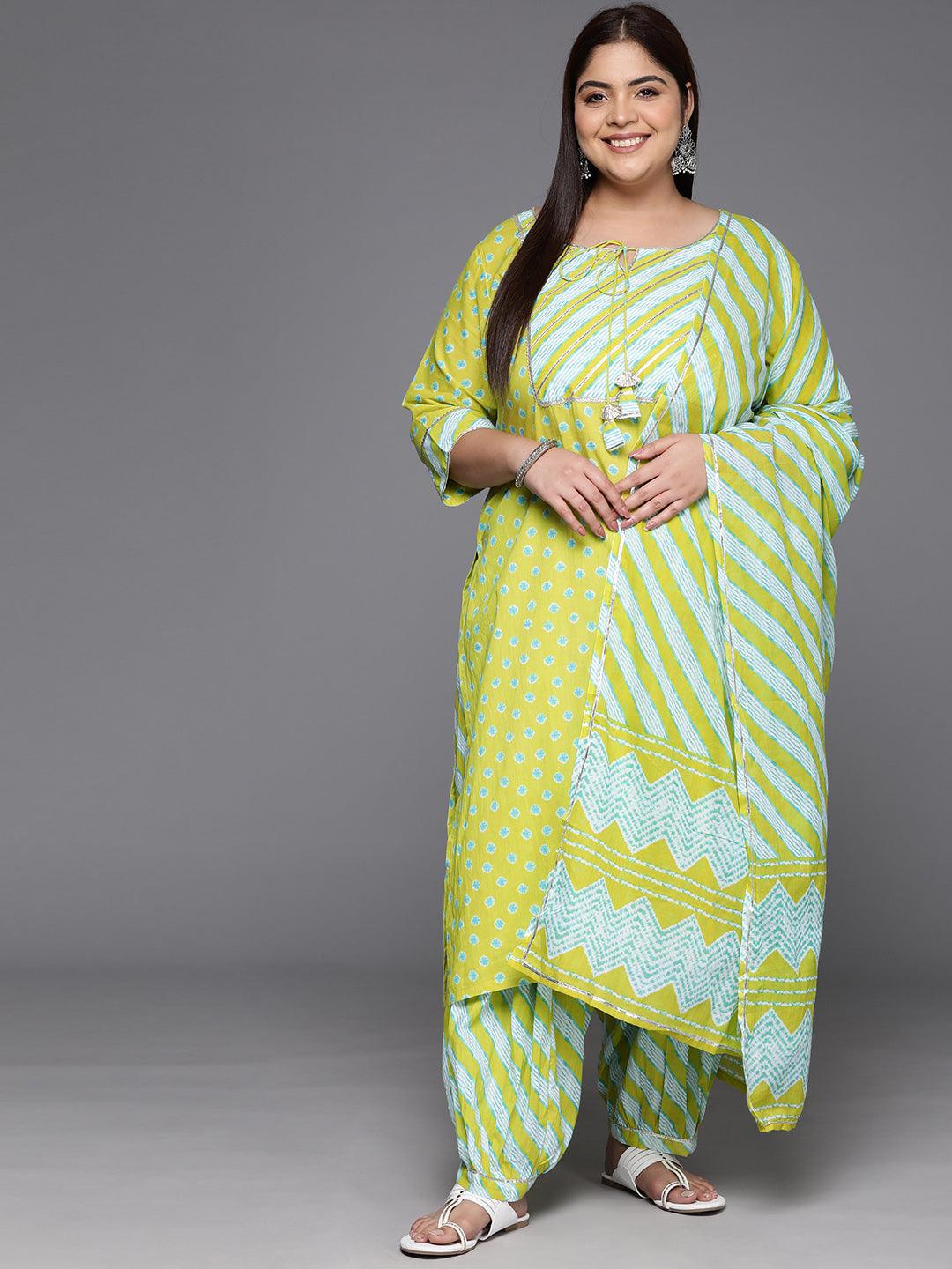 Plus Size Lime Green Yoke Design Cotton Straight Kurta With Salwar & Dupatta - Libas