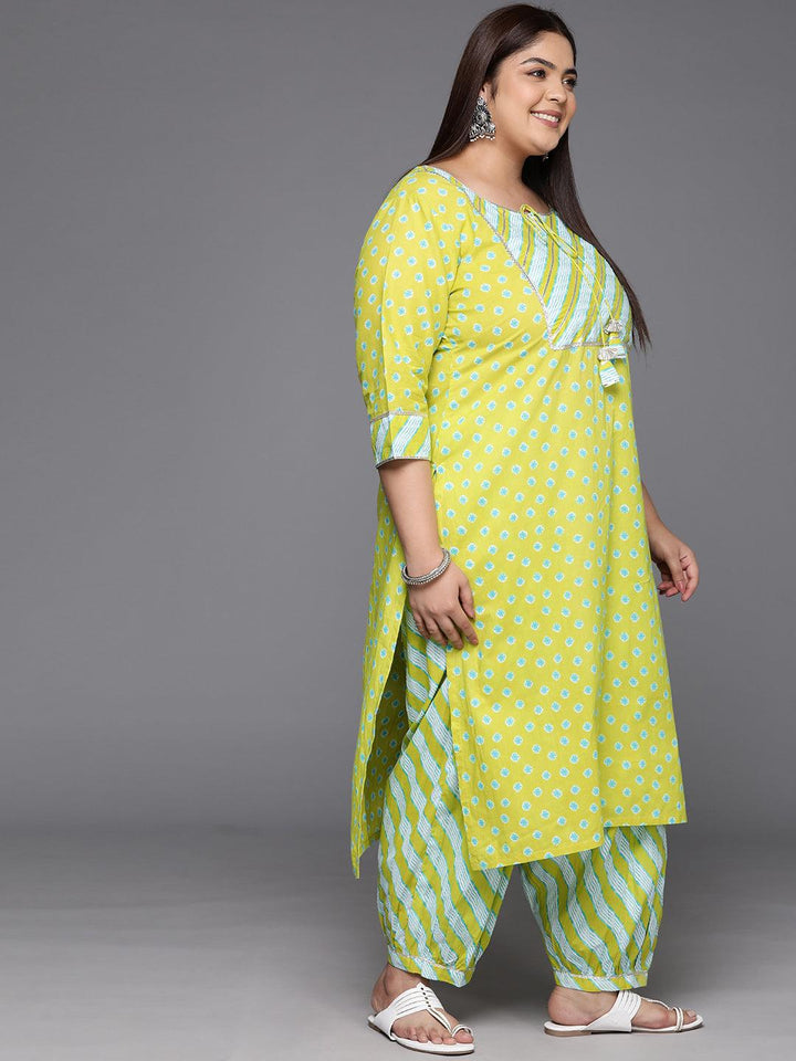 Plus Size Lime Green Yoke Design Cotton Straight Kurta With Salwar & Dupatta - Libas