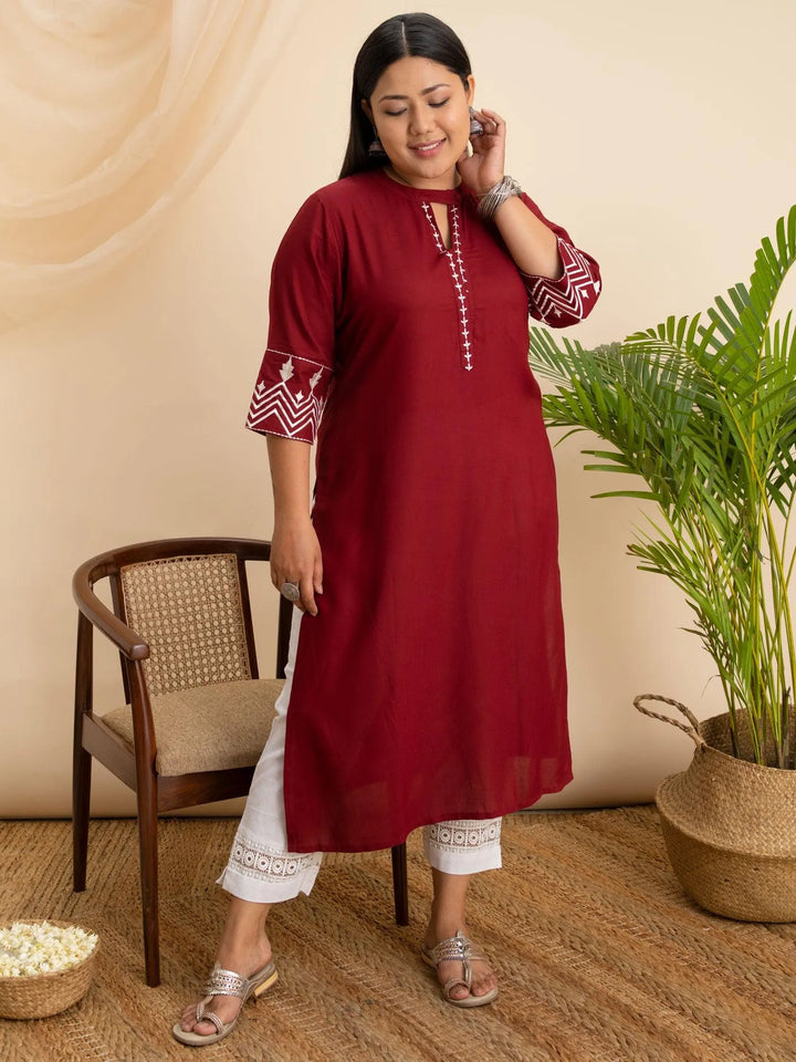 Plus Size Maroon Embroidered Rayon Kurta - Libas