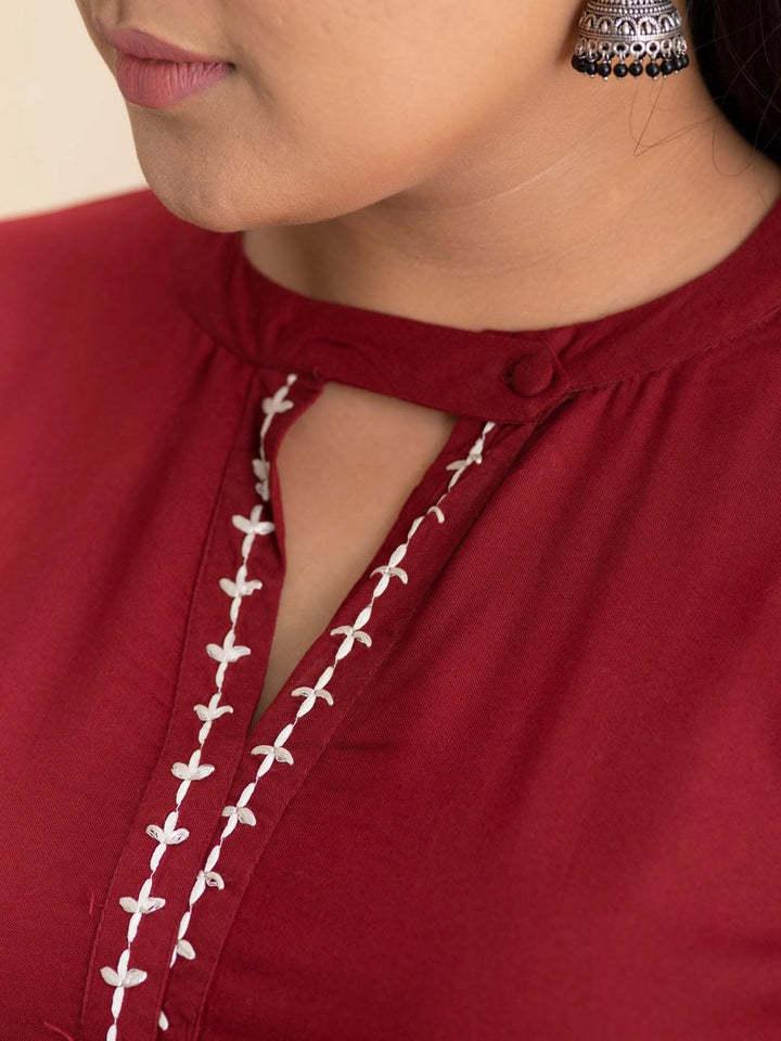 Plus Size Maroon Embroidered Rayon Kurta - Libas