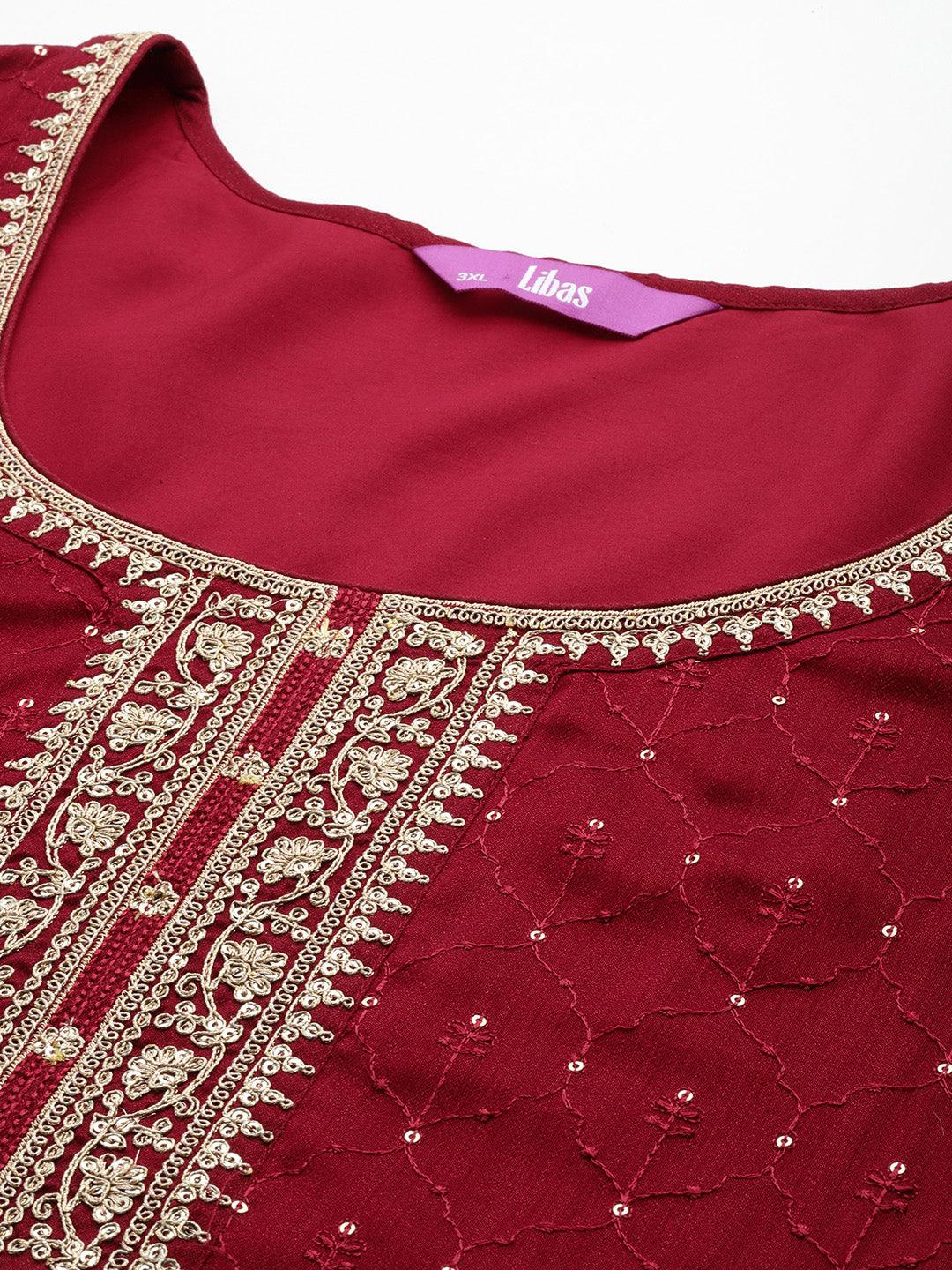 Plus Size Maroon Embroidered Silk Blend Straight Suit Set - Libas