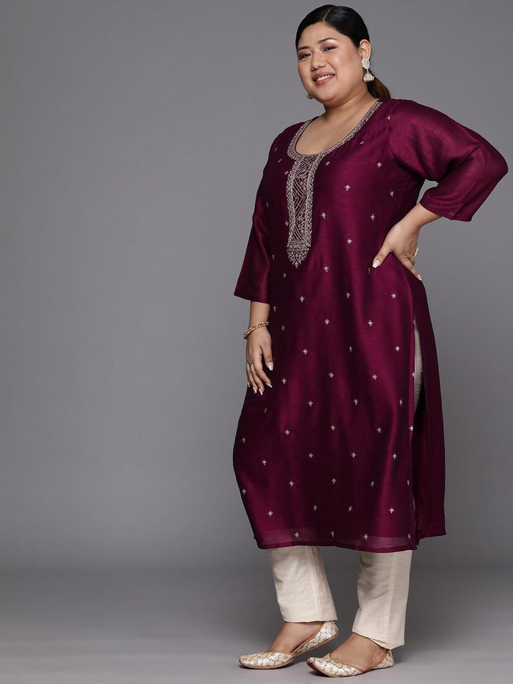 Plus Size Maroon Embroidered Silk Straight Kurta - Libas