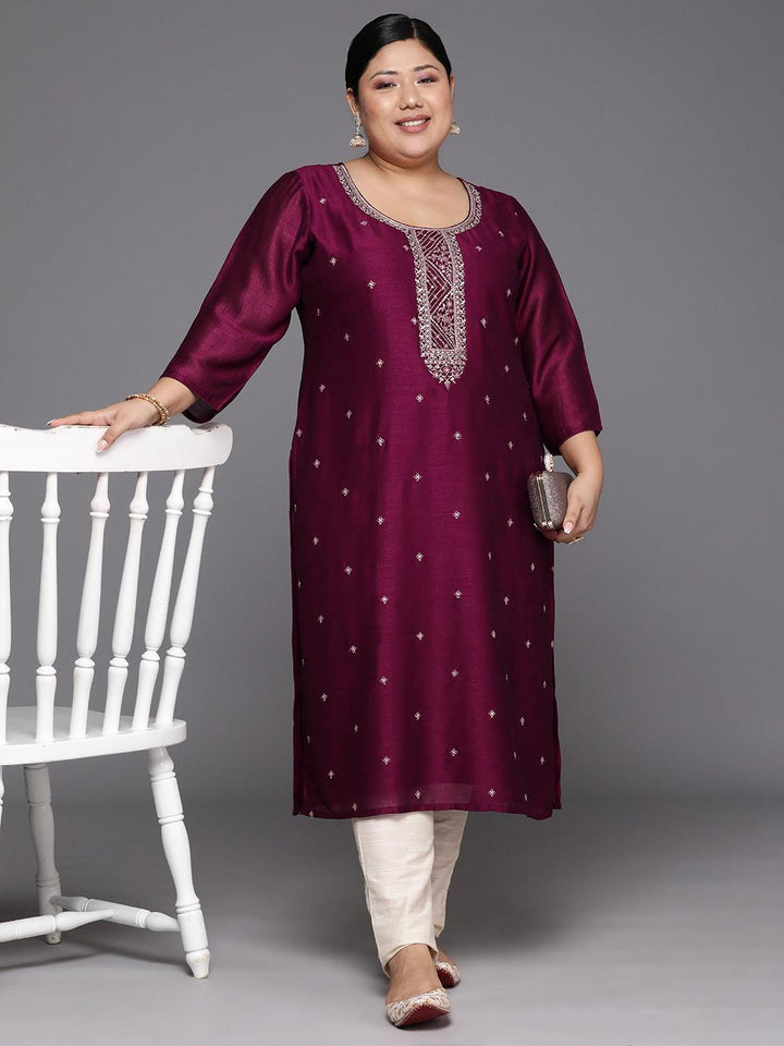 Plus Size Maroon Embroidered Silk Straight Kurta - Libas