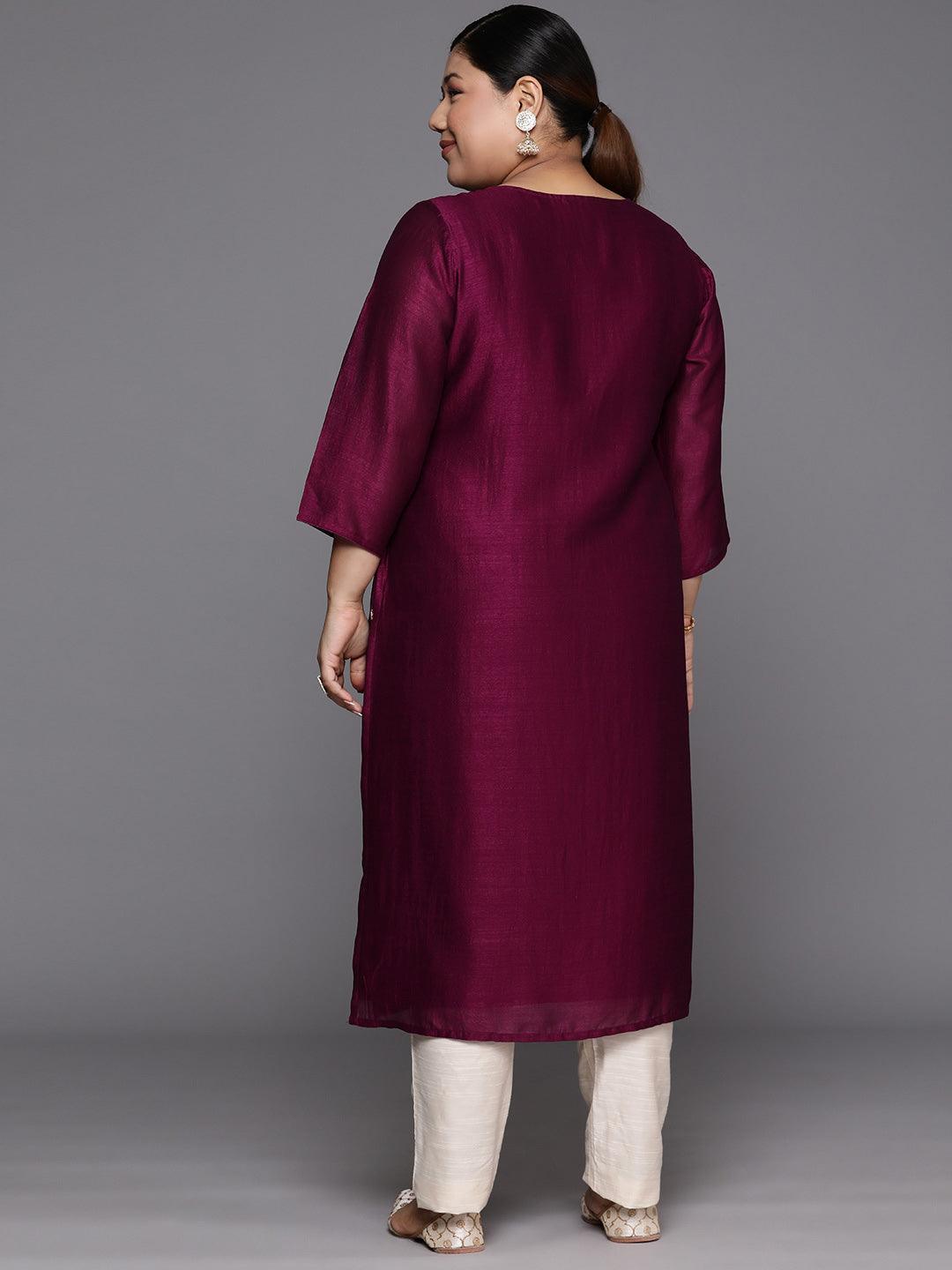 Plus Size Maroon Embroidered Silk Straight Kurta - Libas