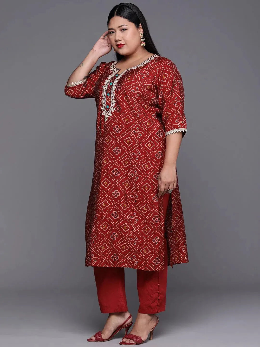 

Buy Plus Size Maroon Printed Chanderi Silk Kurta - 25078O- | Libas Ethnic Wear Online