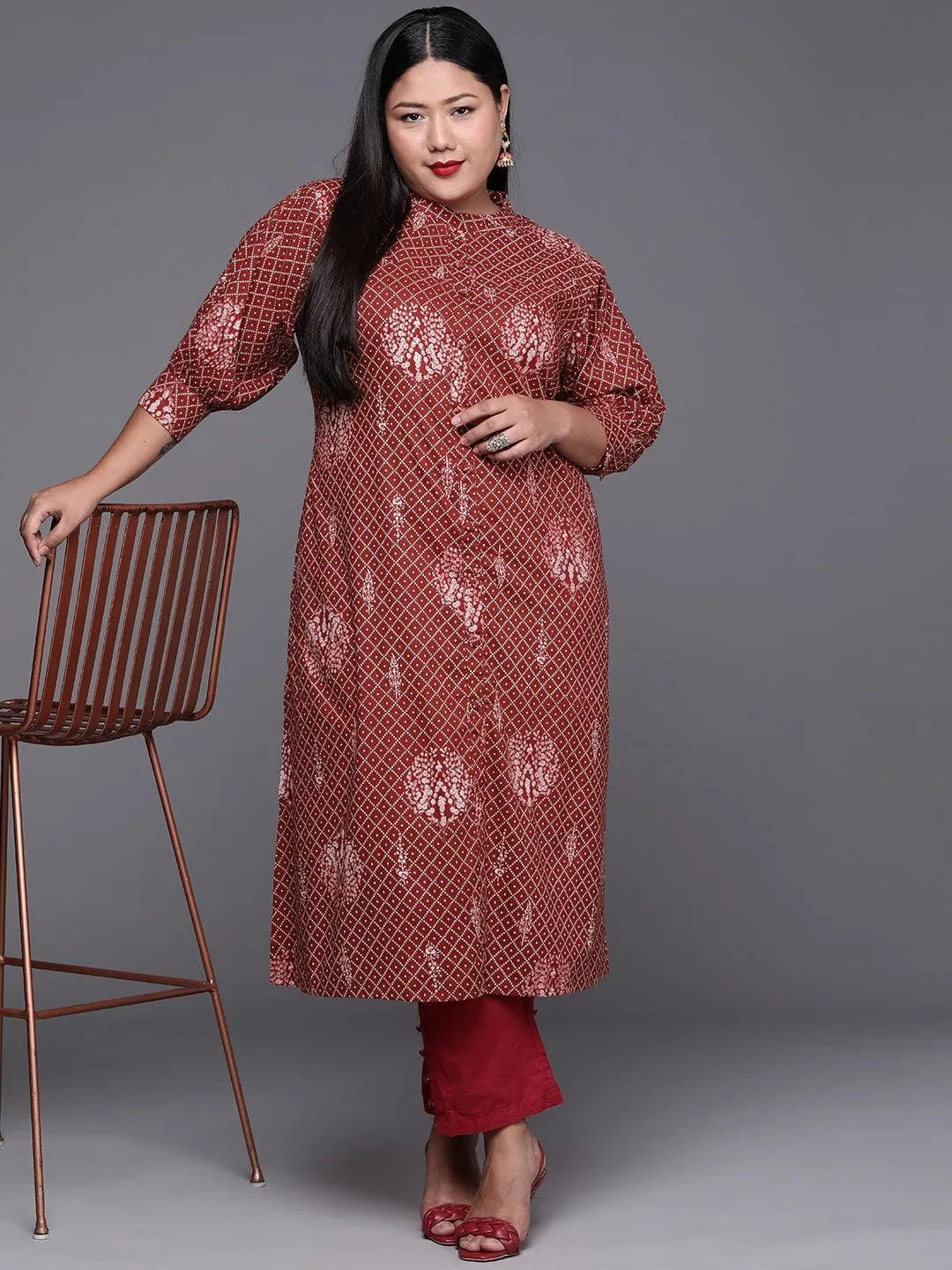 Plus Size Maroon Printed Cotton Kurta - Libas