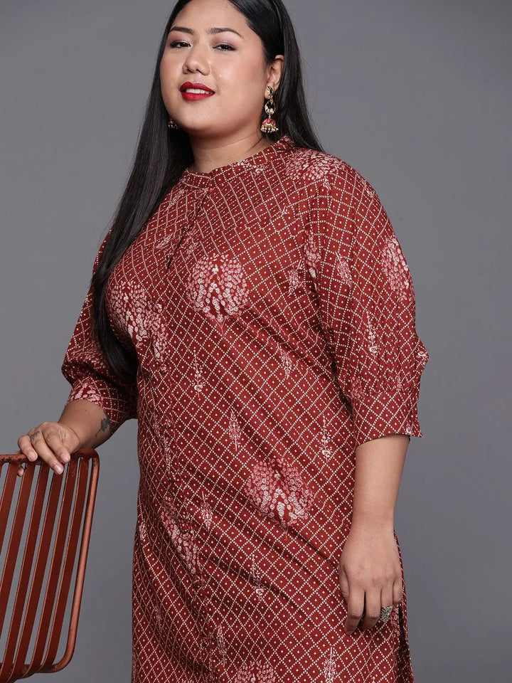 Plus Size Maroon Printed Cotton Kurta - Libas