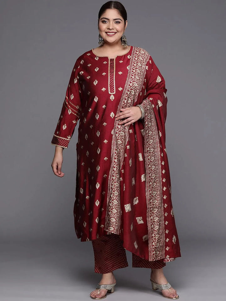 Plus Size Maroon Printed Silk Blend Straight Suit Set - Libas