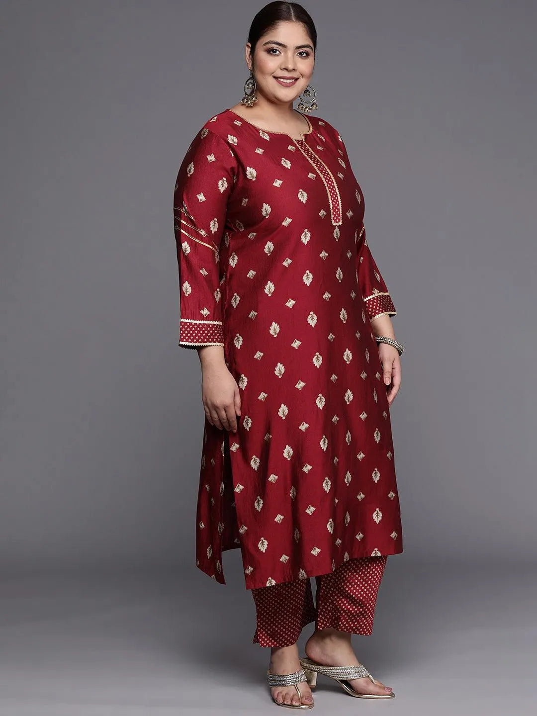 Plus Size Maroon Printed Silk Blend Straight Suit Set - Libas 