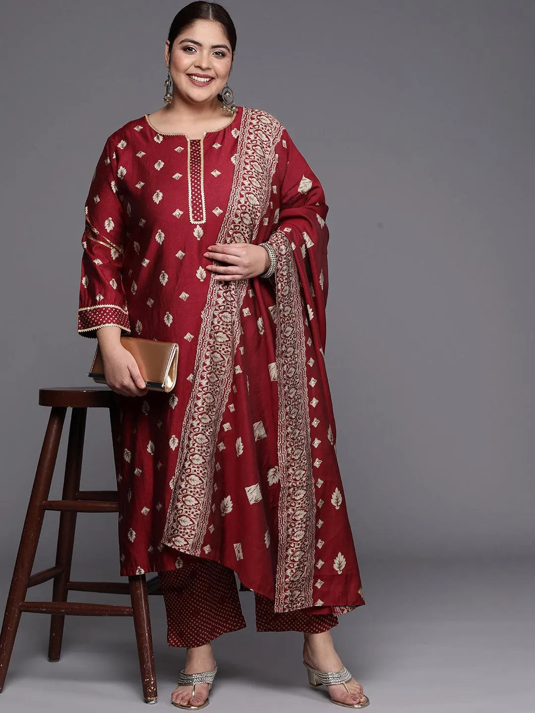 Plus Size Maroon Printed Silk Blend Straight Suit Set - Libas 