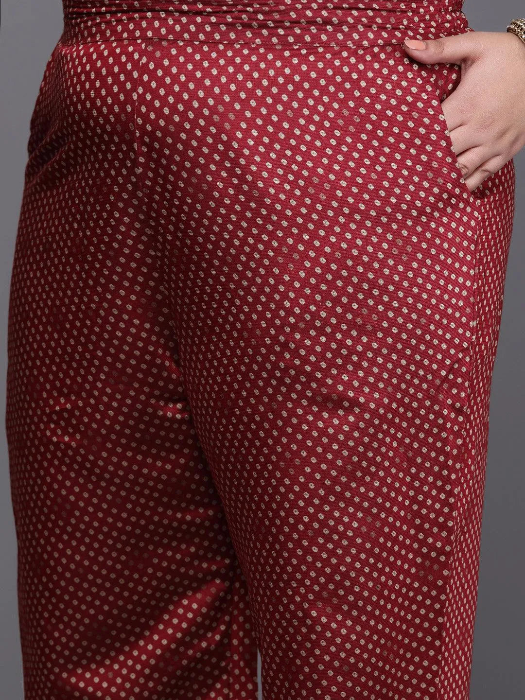 Plus Size Maroon Printed Silk Blend Straight Suit Set - Libas 