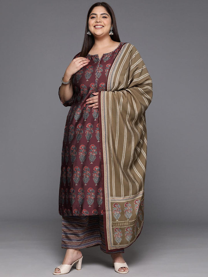 Plus Size Maroon Printed Silk Blend Straight Kurta With Trousers & Dupatta - Libas