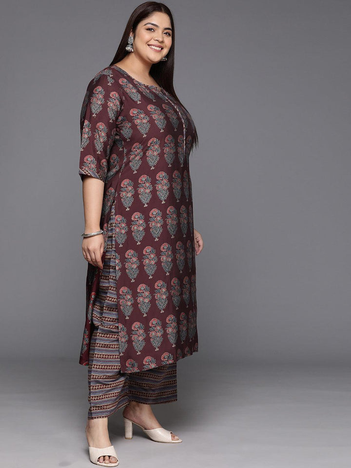 Plus Size Maroon Printed Silk Blend Straight Kurta With Trousers & Dupatta - Libas