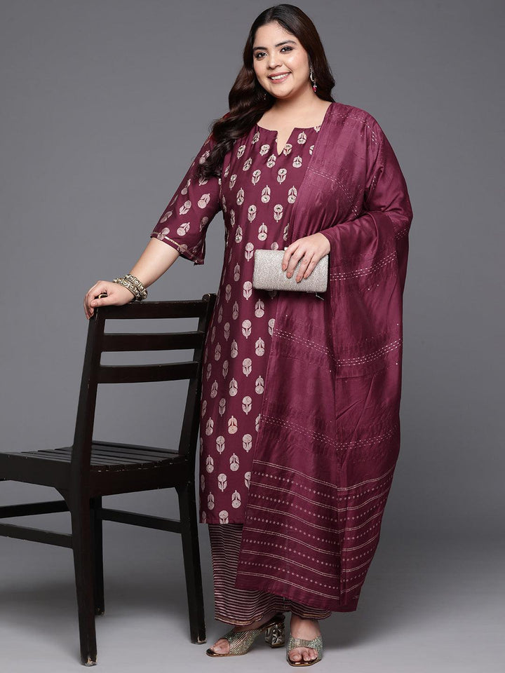 Plus Size Maroon Printed Silk Blend Straight Kurta With Trousers & Dupatta - Libas