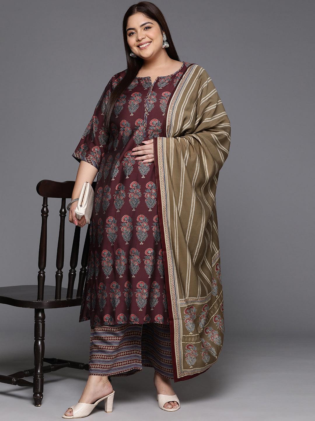 Plus Size Maroon Printed Silk Blend Straight Kurta With Trousers & Dupatta - Libas