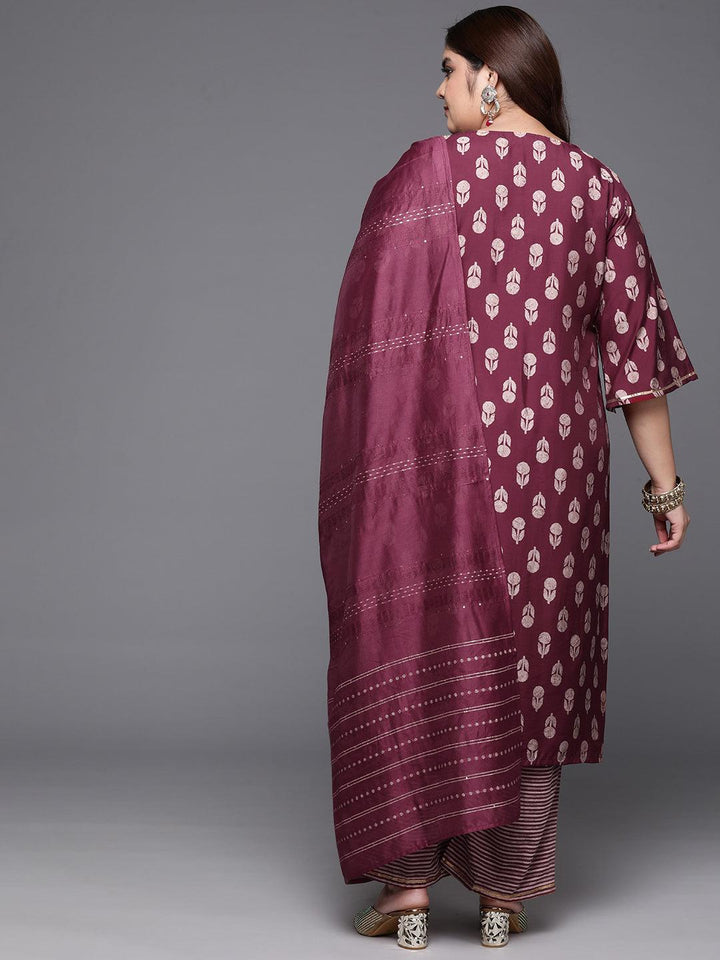 Plus Size Maroon Printed Silk Blend Straight Kurta With Trousers & Dupatta - Libas