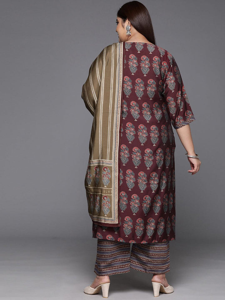 Plus Size Maroon Printed Silk Blend Straight Kurta With Trousers & Dupatta - Libas