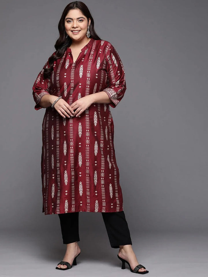 Plus Size Maroon Printed Silk Straight Kurta - Libas