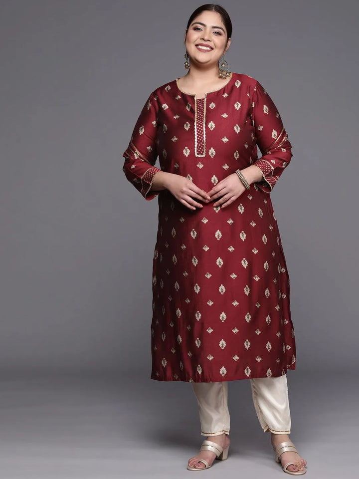 Plus Size Maroon Printed Silk Straight Kurta - Libas