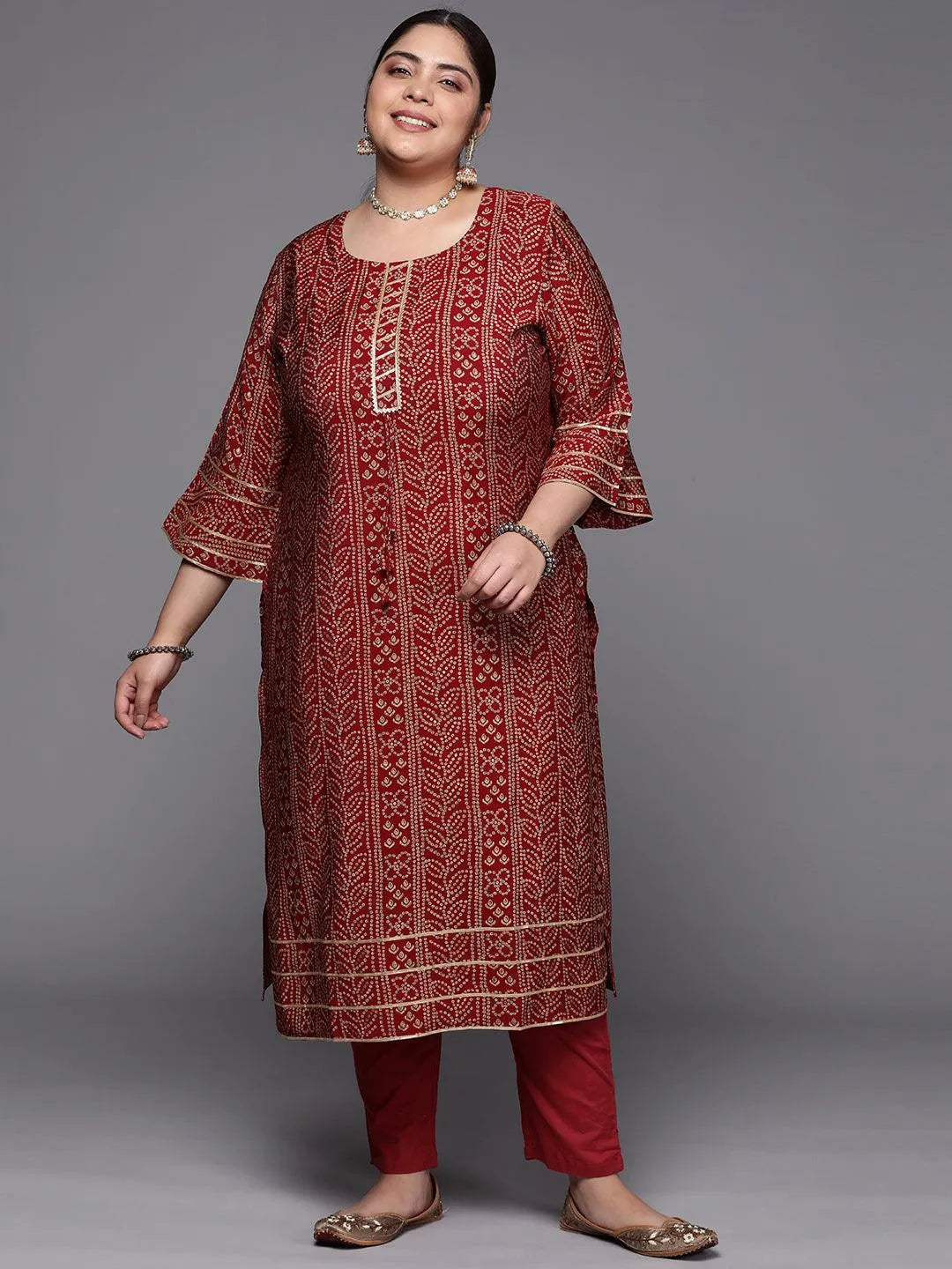 Plus Size Maroon Printed Silk Straight Kurta - Libas