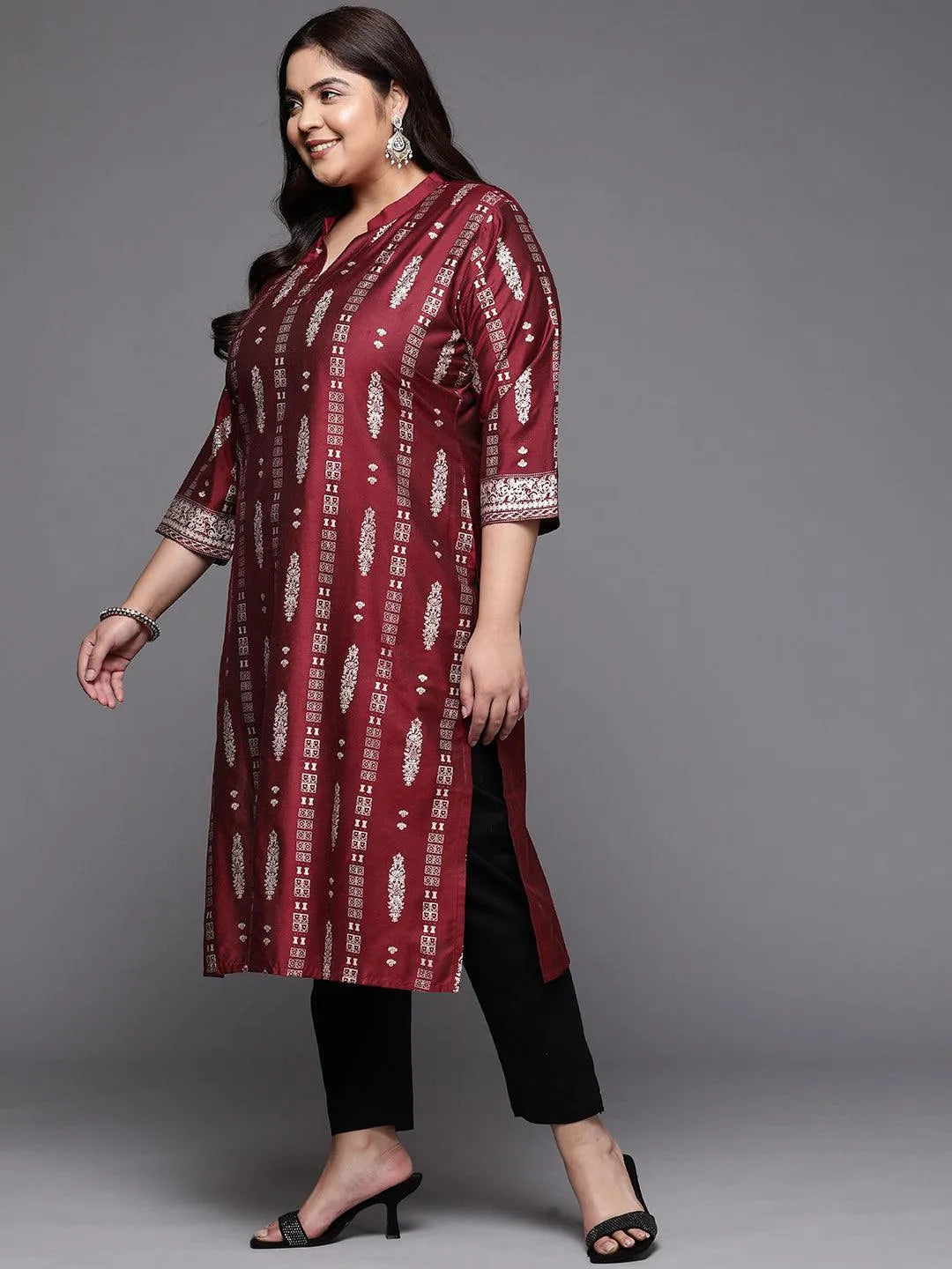 Plus Size Maroon Printed Silk Straight Kurta - Libas