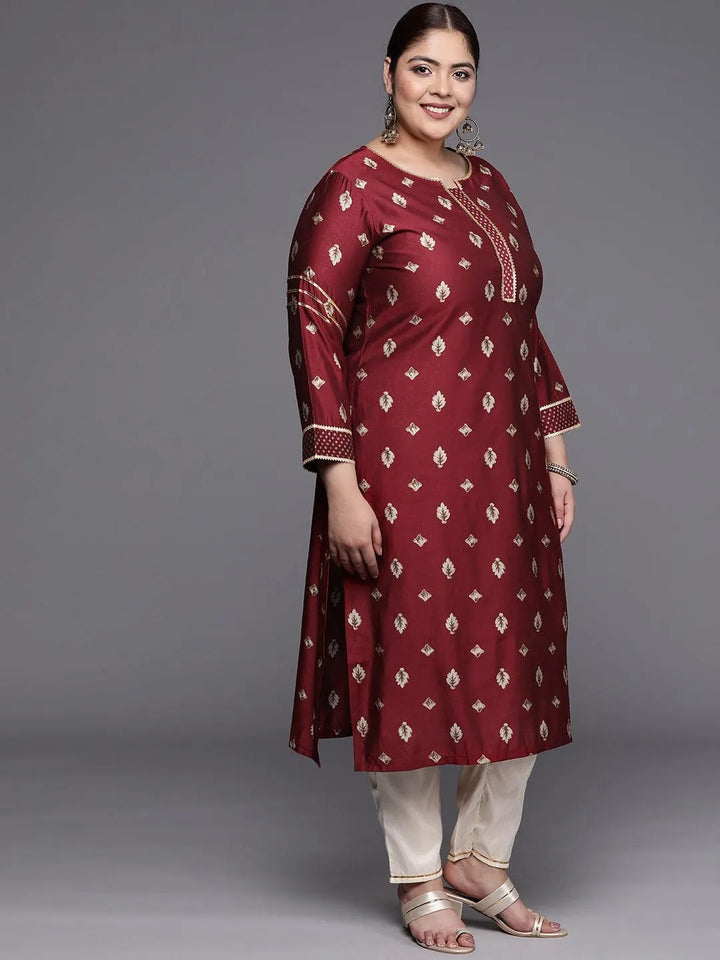 Plus Size Maroon Printed Silk Straight Kurta - Libas