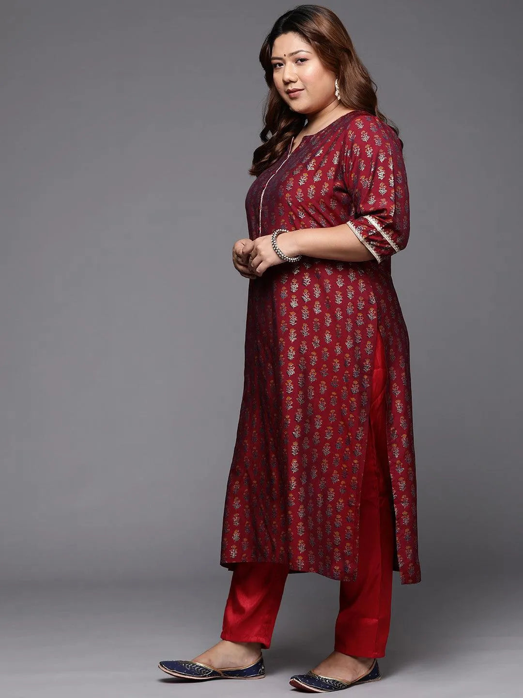 Plus Size Maroon Printed Silk Straight Kurta - Libas