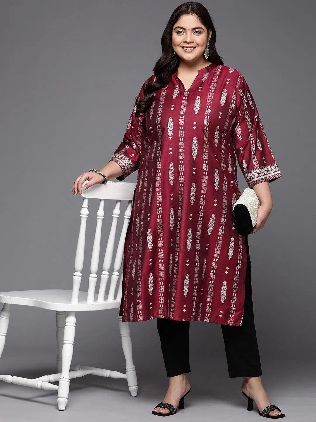 Plus Size Maroon Printed Silk Straight Kurta - Libas