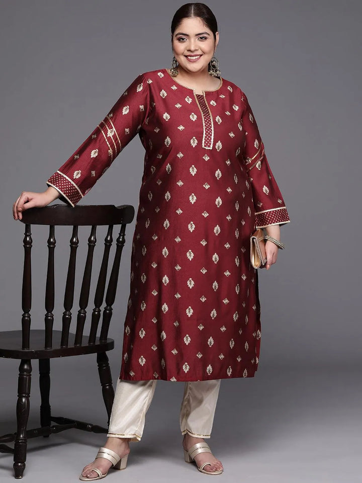 Plus Size Maroon Printed Silk Straight Kurta - Libas