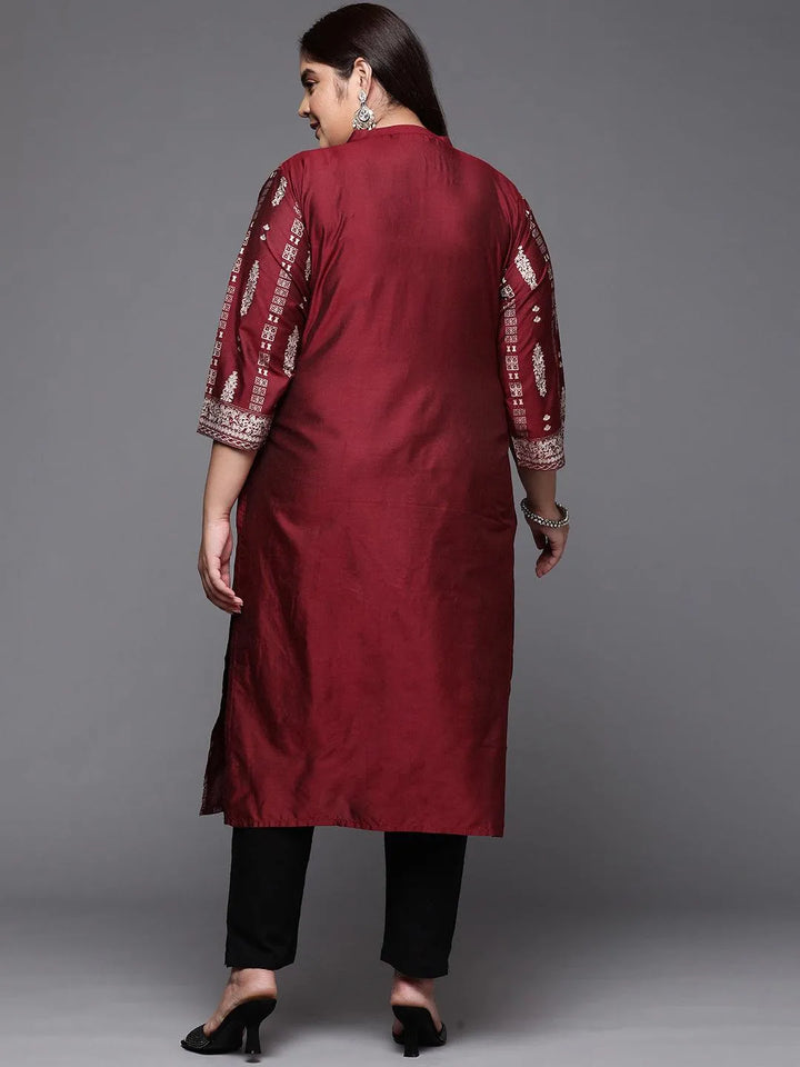 Plus Size Maroon Printed Silk Straight Kurta - Libas