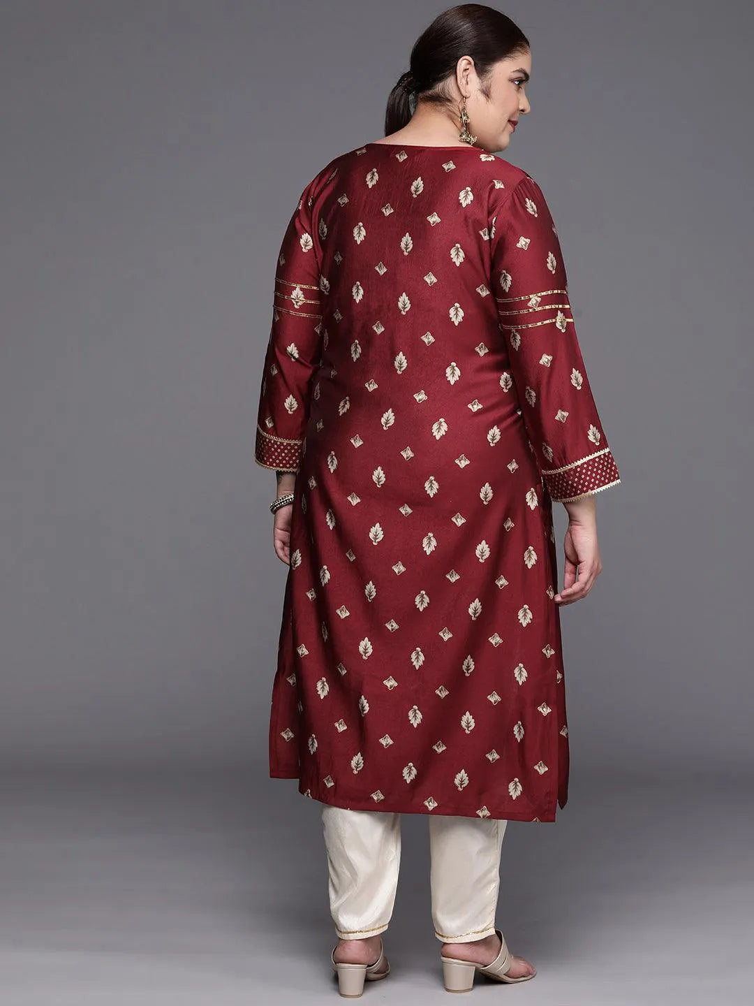 Plus Size Maroon Printed Silk Straight Kurta - Libas