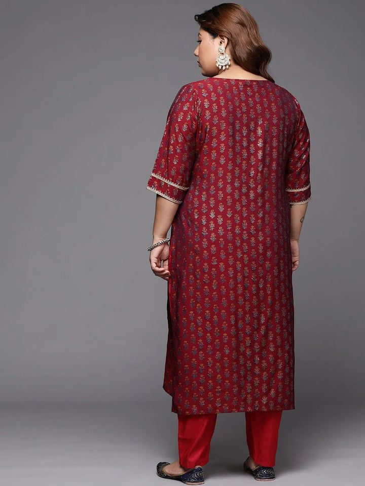 Plus Size Maroon Printed Silk Straight Kurta - Libas