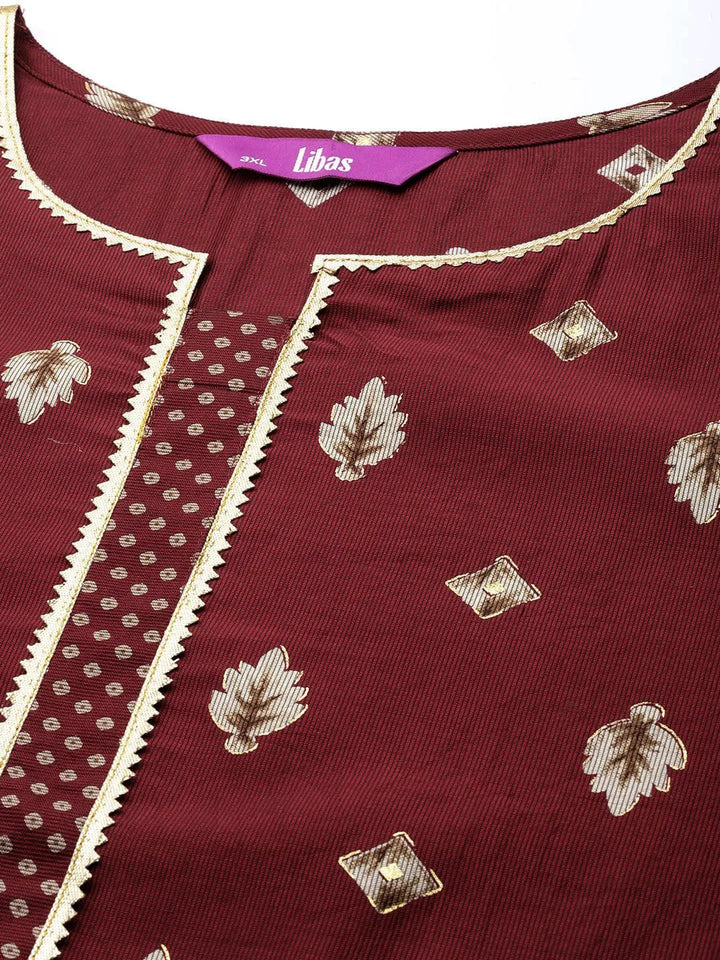 Plus Size Maroon Printed Silk Straight Kurta - Libas