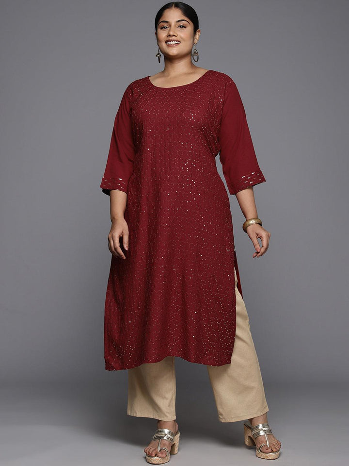 Plus Size Maroon Rayon Embroidered Straight Kurta - Libas