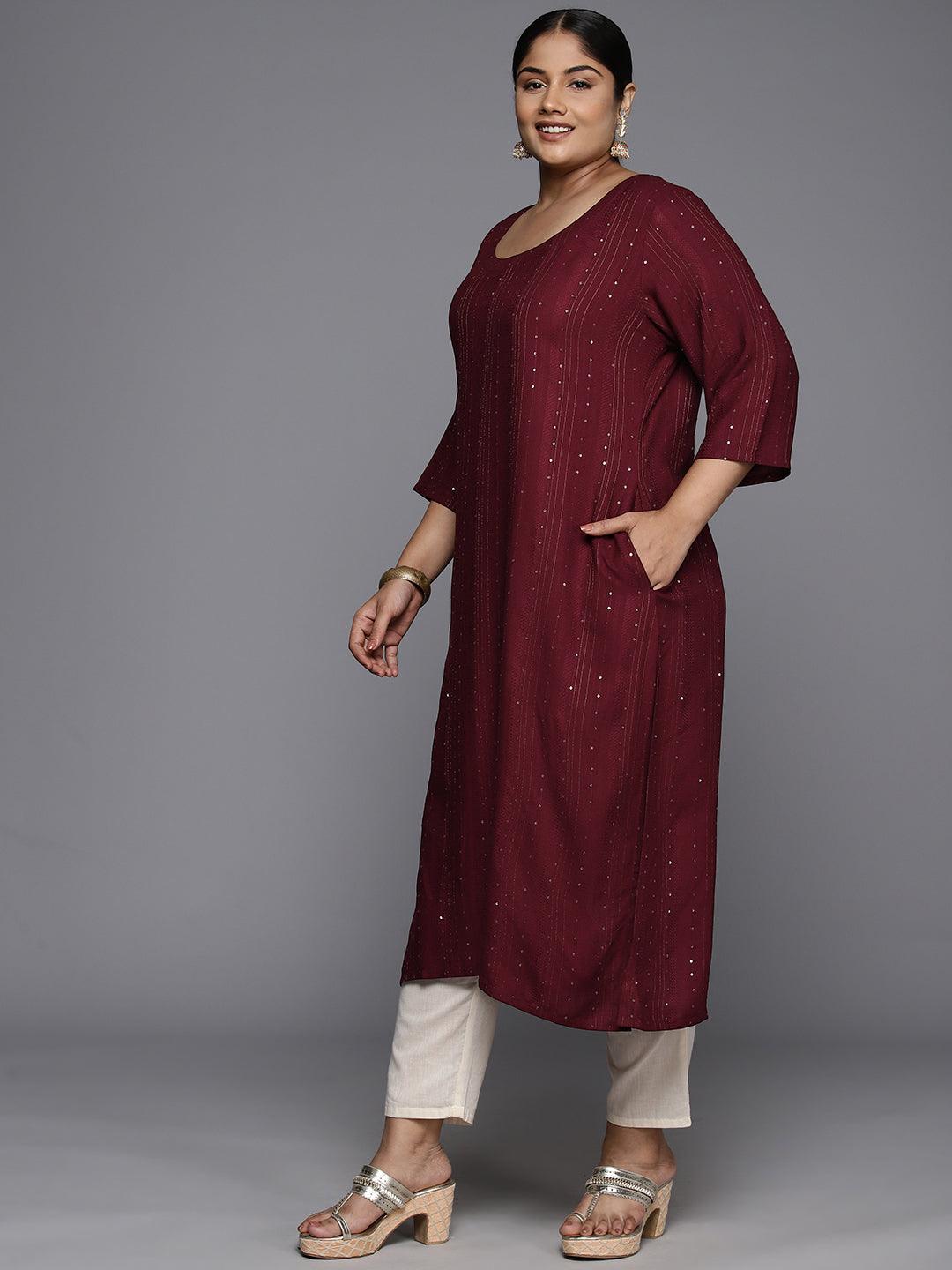 Plus Size Maroon Rayon Embroidered Straight Kurta - Libas