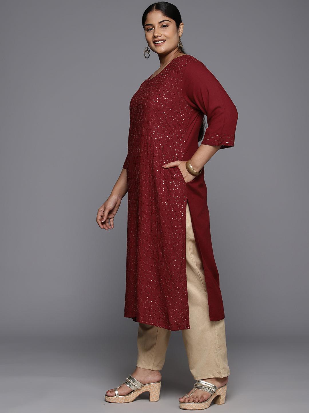 Plus Size Maroon Rayon Embroidered Straight Kurta - Libas