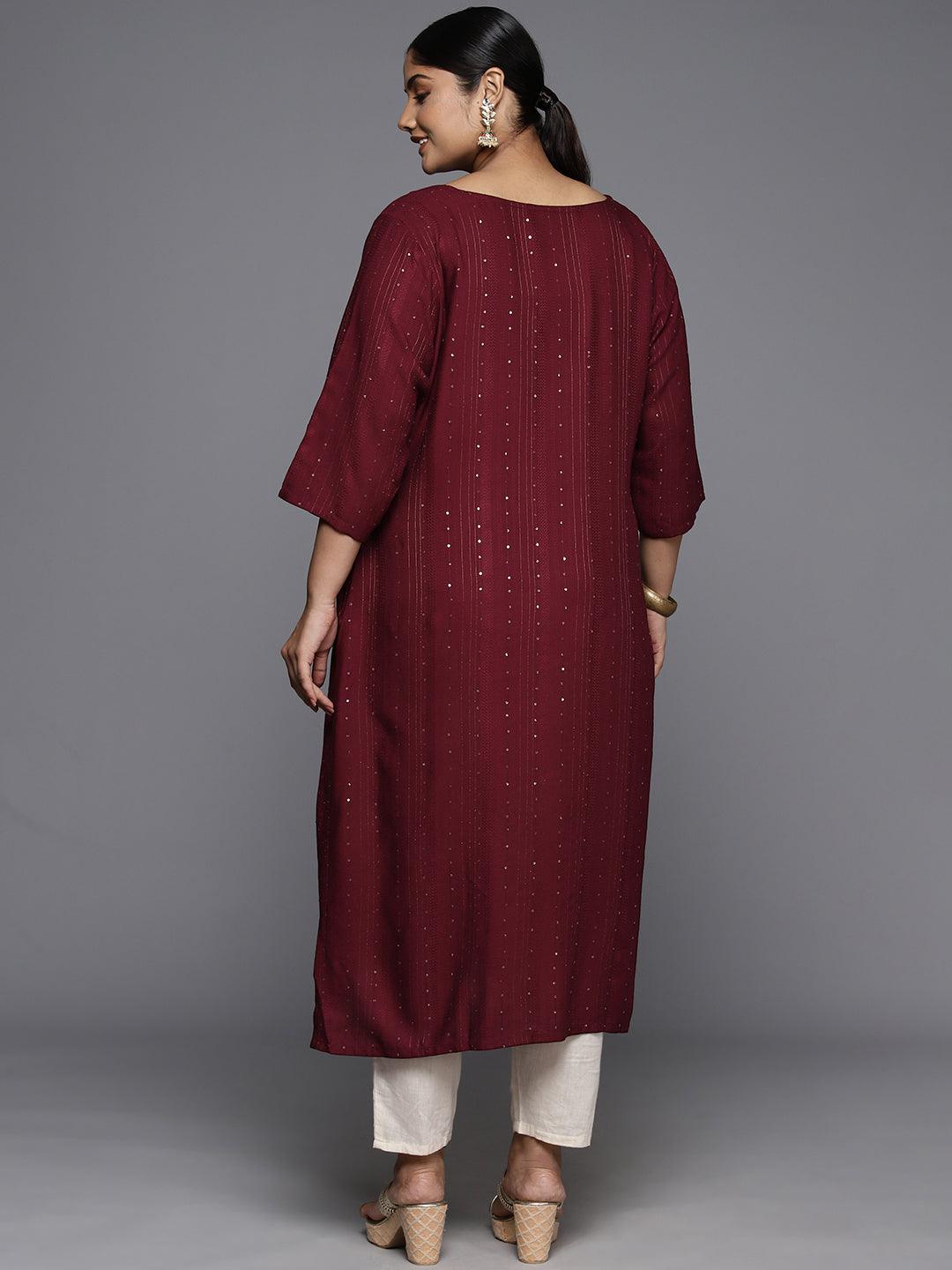 Plus Size Maroon Rayon Embroidered Straight Kurta - Libas