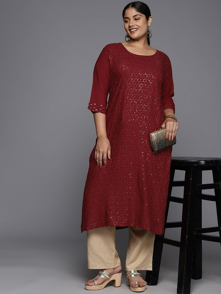 Plus Size Maroon Rayon Embroidered Straight Kurta - Libas