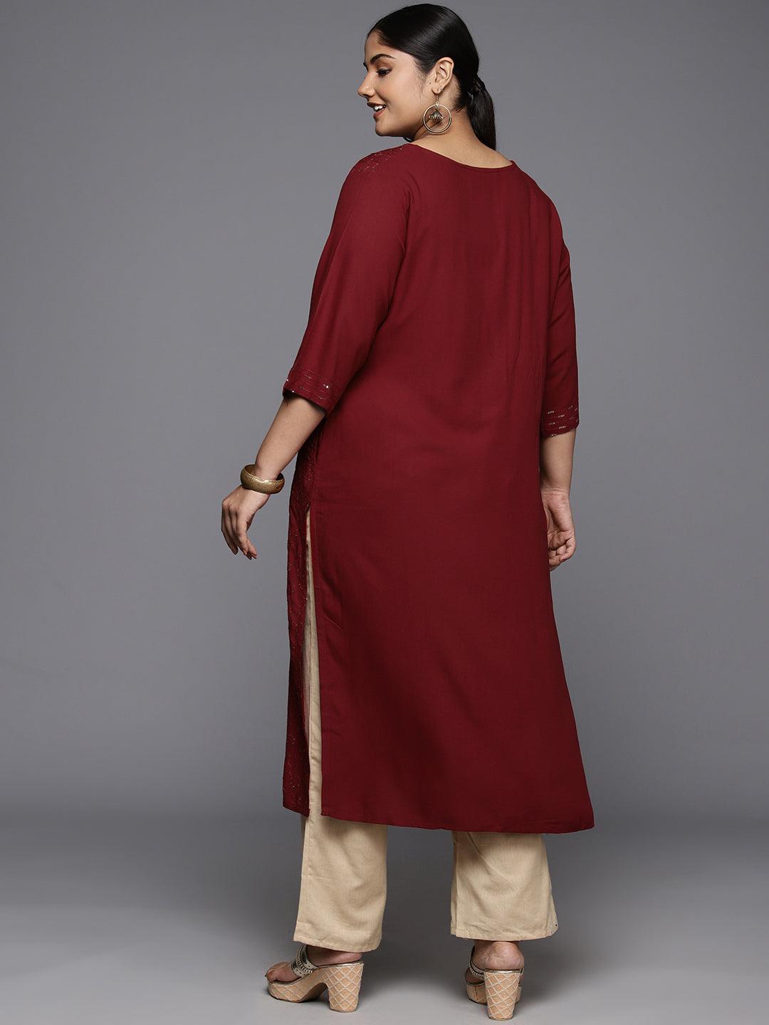 Plus Size Maroon Rayon Embroidered Straight Kurta - Libas