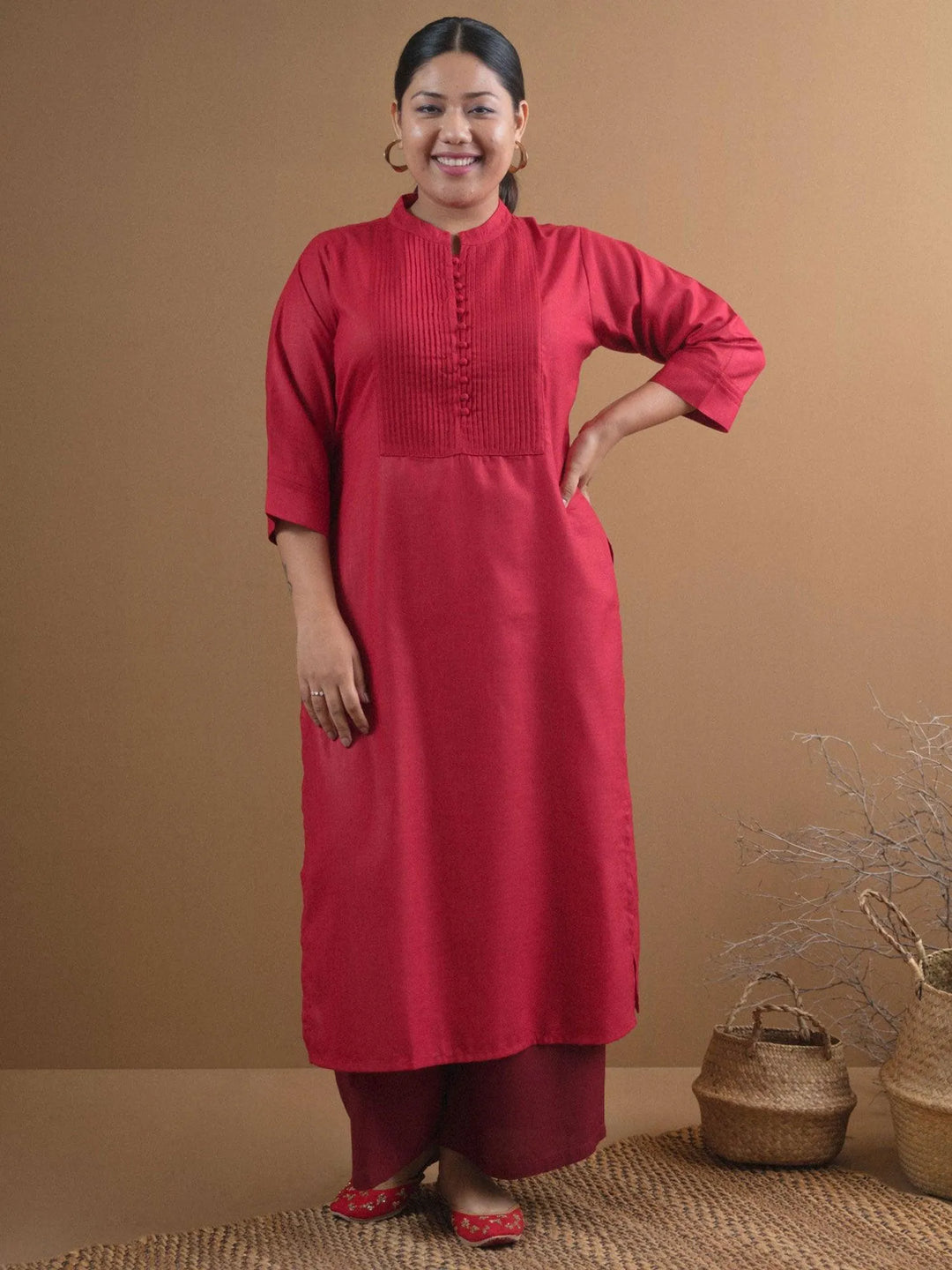 Plus Size Maroon Solid Cotton Kurta - Libas 