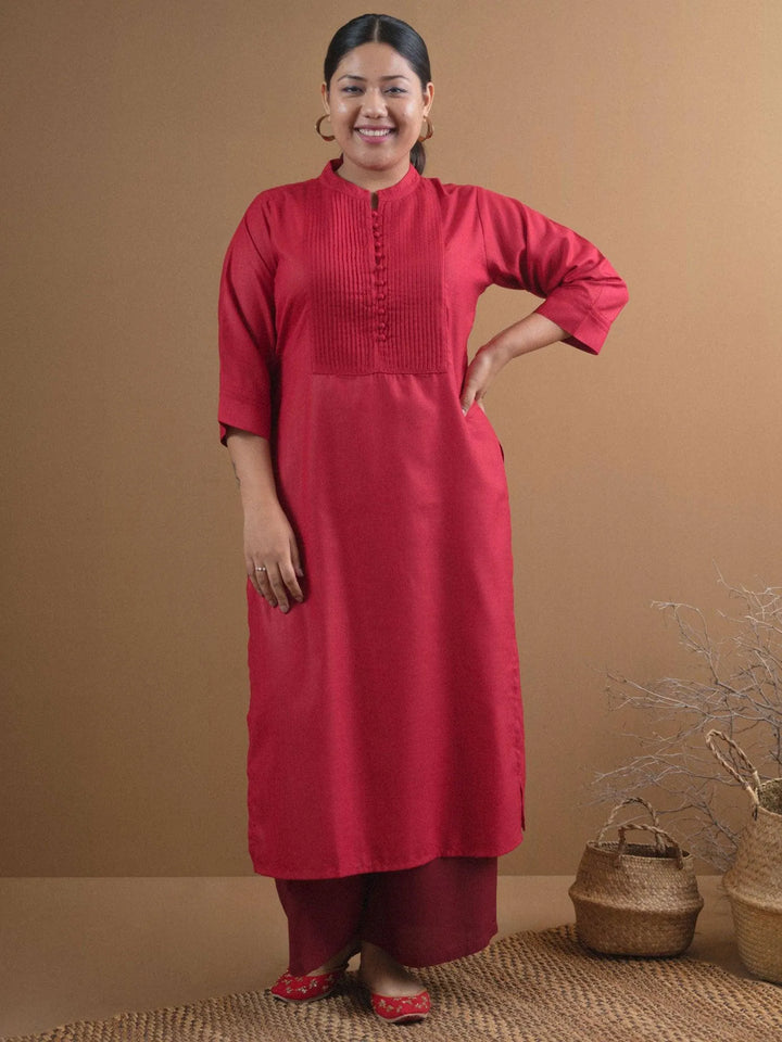 Plus Size Maroon Solid Cotton Kurta - Libas