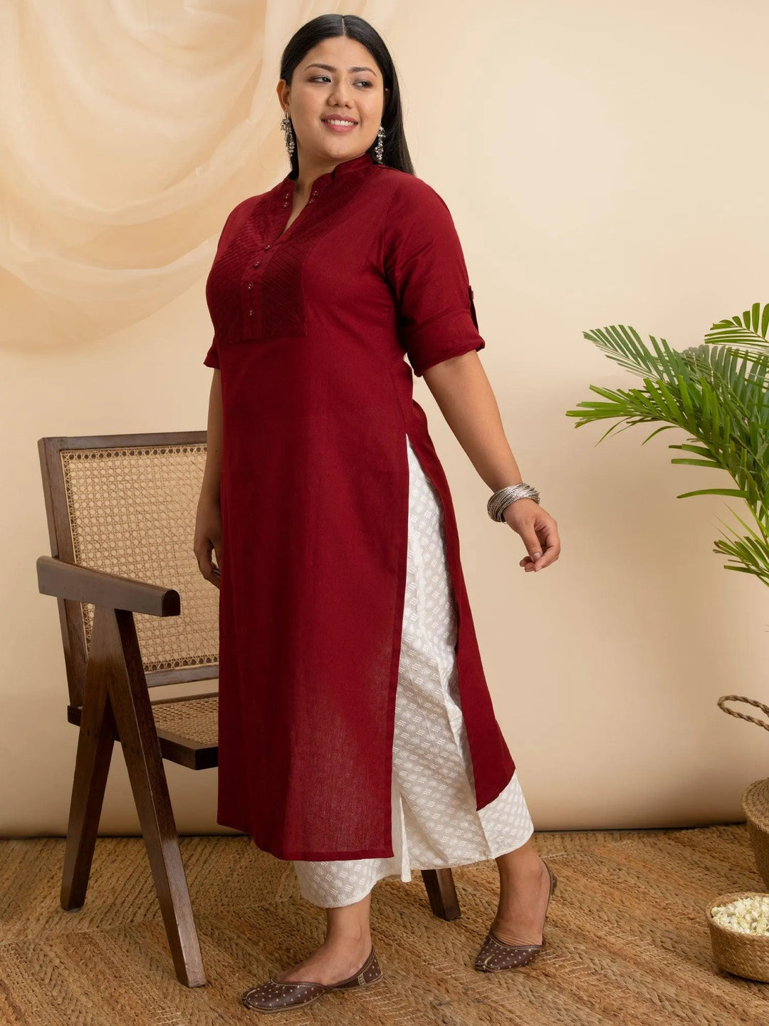 Plus Size Maroon Solid Cotton Kurta - Libas