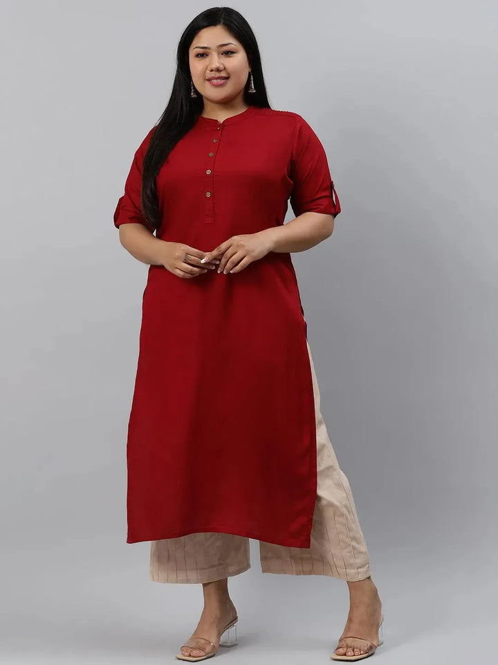 Plus Size Maroon Solid Rayon Kurta - Libas