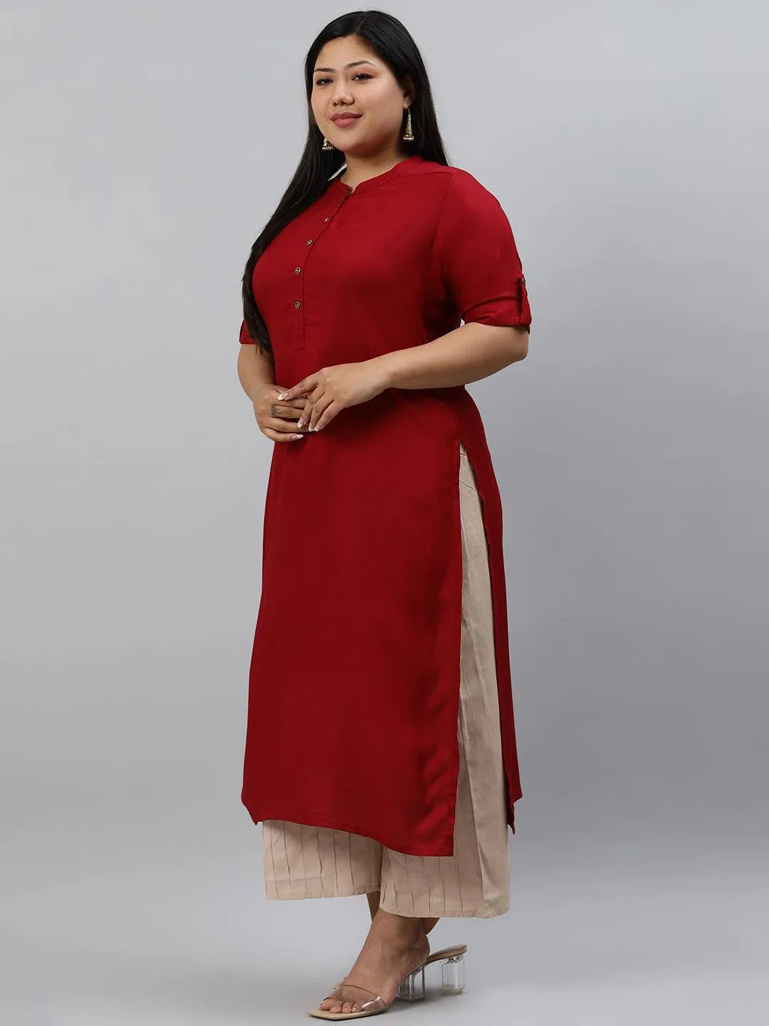 Plus Size Maroon Solid Rayon Kurta - Libas