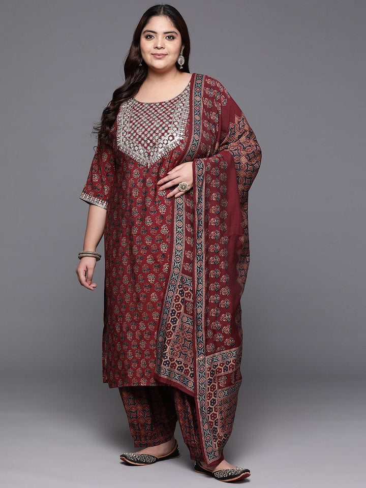 Plus Size Maroon Yoke Design Silk Blend Straight Kurta With Salwar & Dupatta - Libas