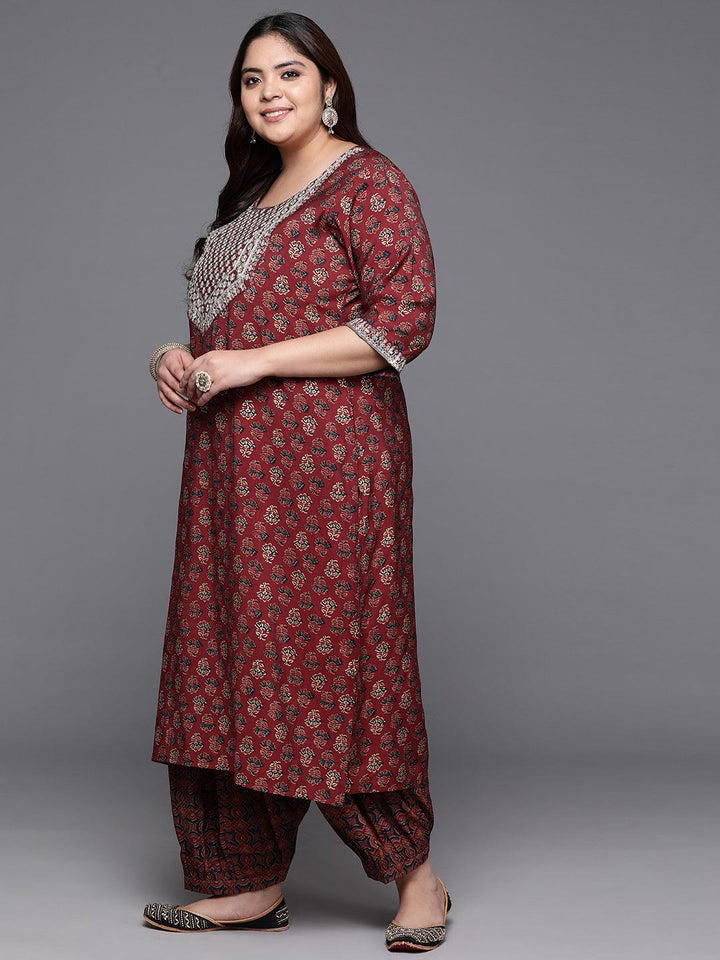 Plus Size Maroon Yoke Design Silk Blend Straight Kurta With Salwar & Dupatta - Libas