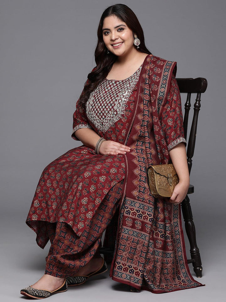 Plus Size Maroon Yoke Design Silk Blend Straight Kurta With Salwar & Dupatta - Libas